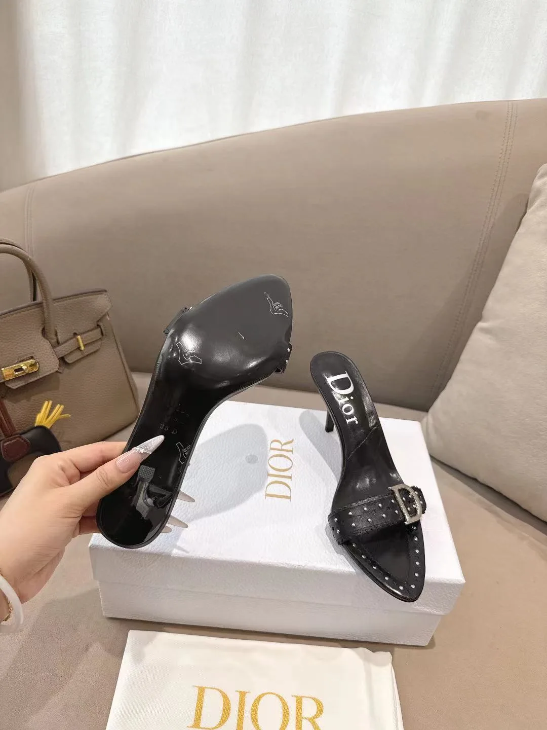Dior Sheepskin Glossy Pointed-Toe Buckle Mules in Black · view 7
