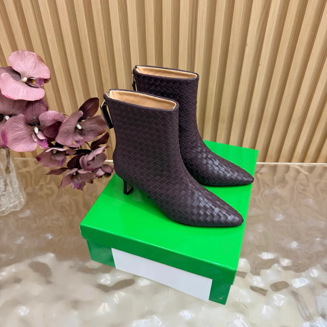 Bottega Veneta Woven Pointed-Toe Ankle Boots in Brown · view 1