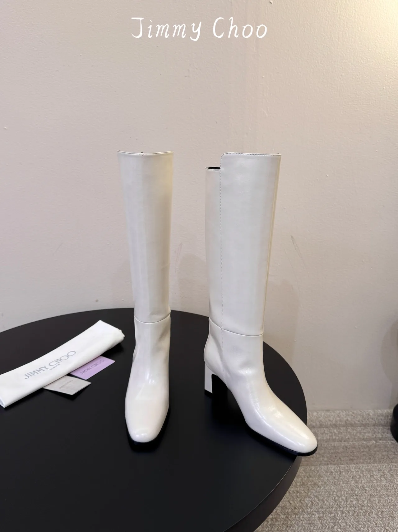Jimmy Choo Cowhide Glossy Square-Toe Knee-High Boots in White · view 2