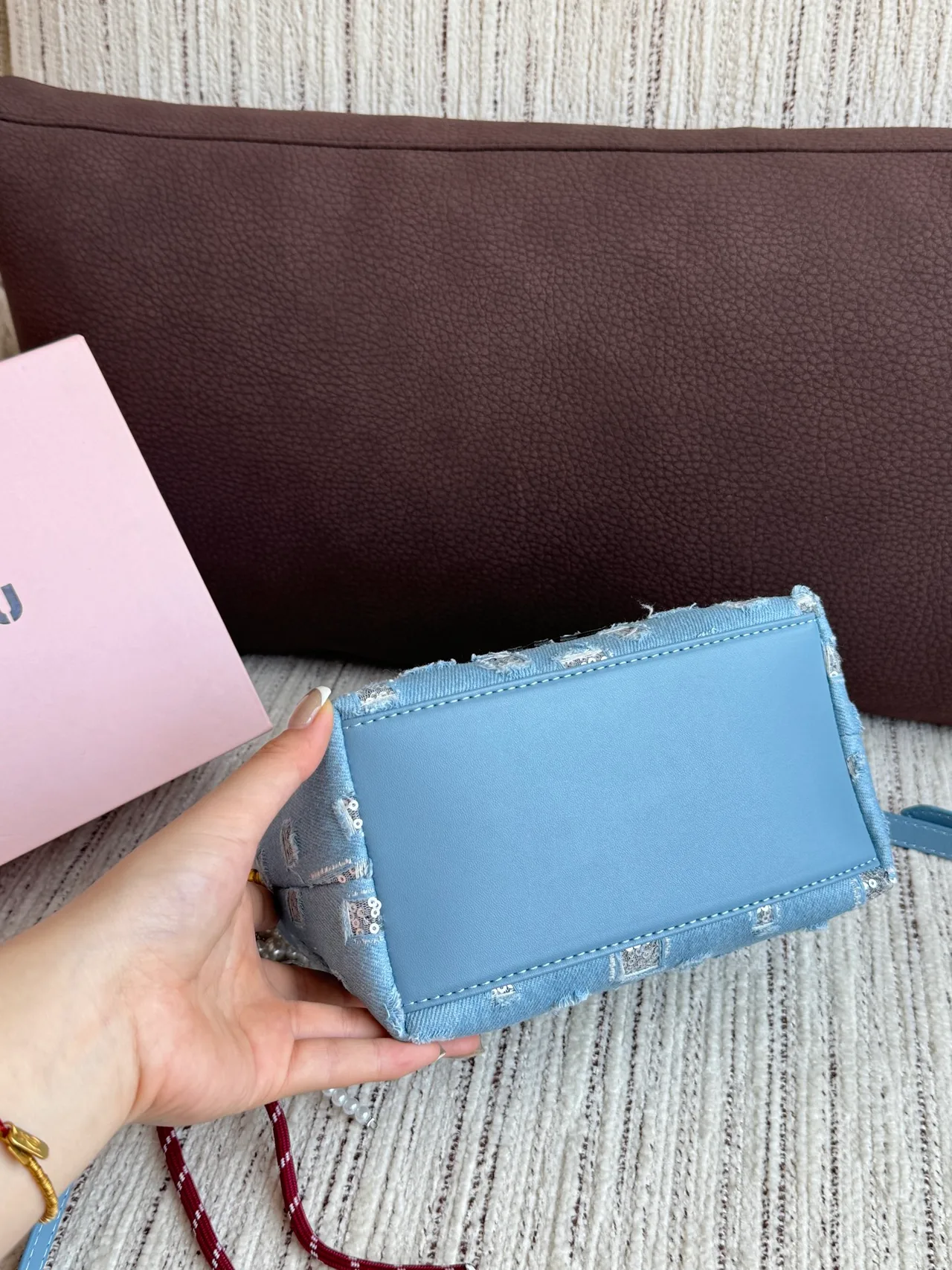 Miu Miu Canvas Denim-Look Sequin-Detail Vanity Bag in Blue · view 4