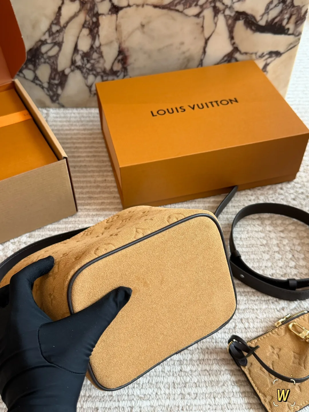 Louis Vuitton Suede Monogram Bucket Bag in Tan · view 6