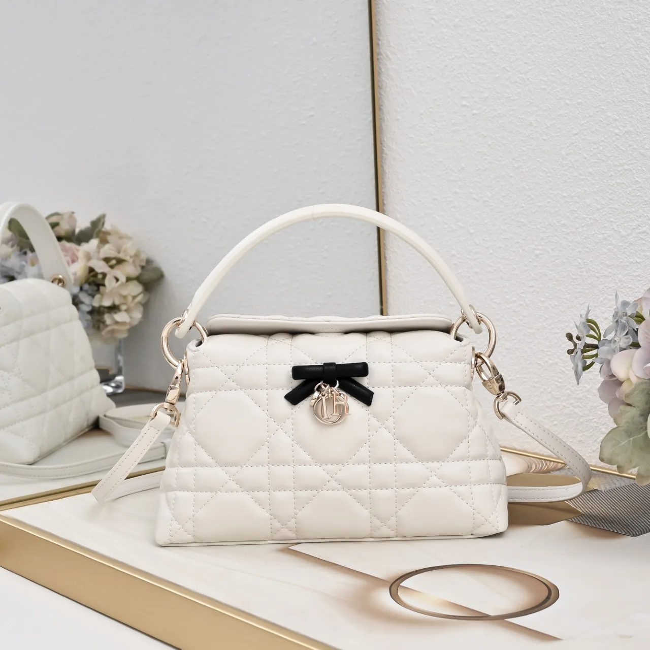 Dior Sheepskin Quilted Top-Handle Bag in White · view 1