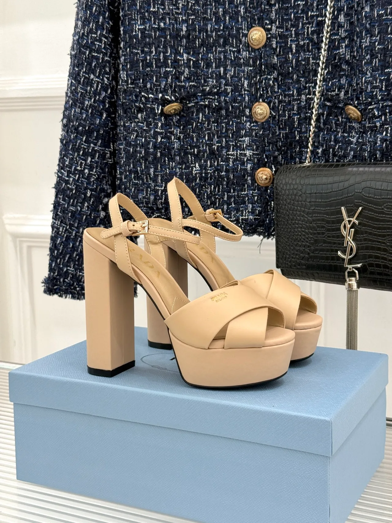 Prada Denim Sandals in Beige · view 1