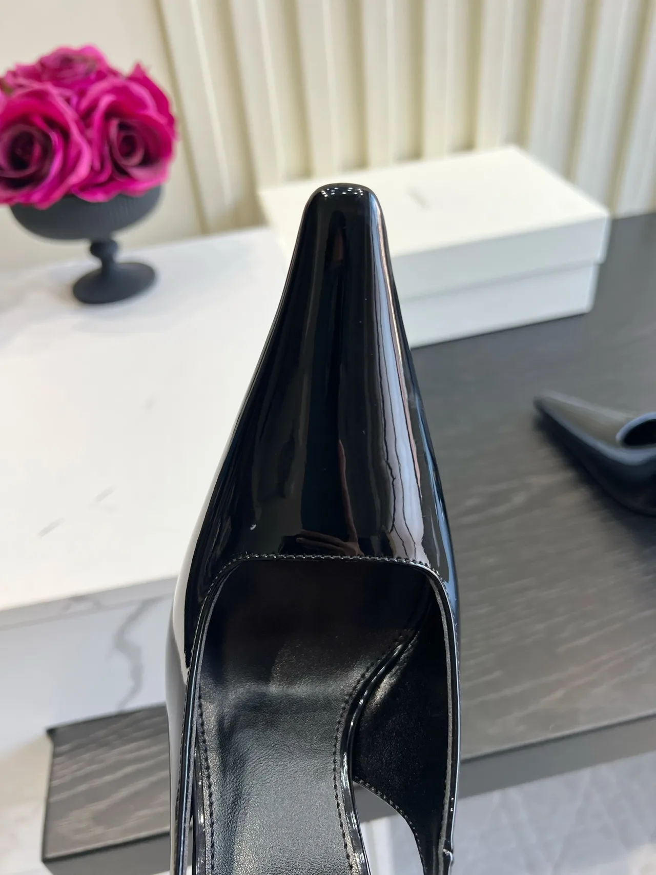 Saint Laurent Cowhide Silk Glossy Pointed-Toe Buckle Slingback Heels in Black · view 7