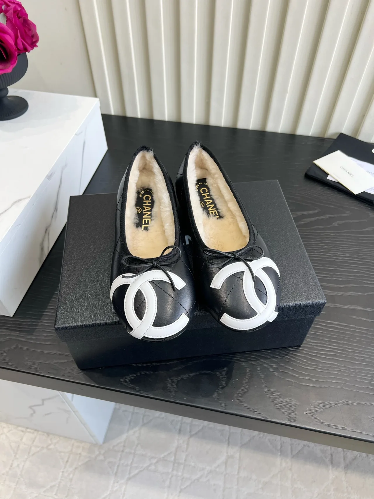 Chanel Sheepskin Quilted Flats in Black · view 1