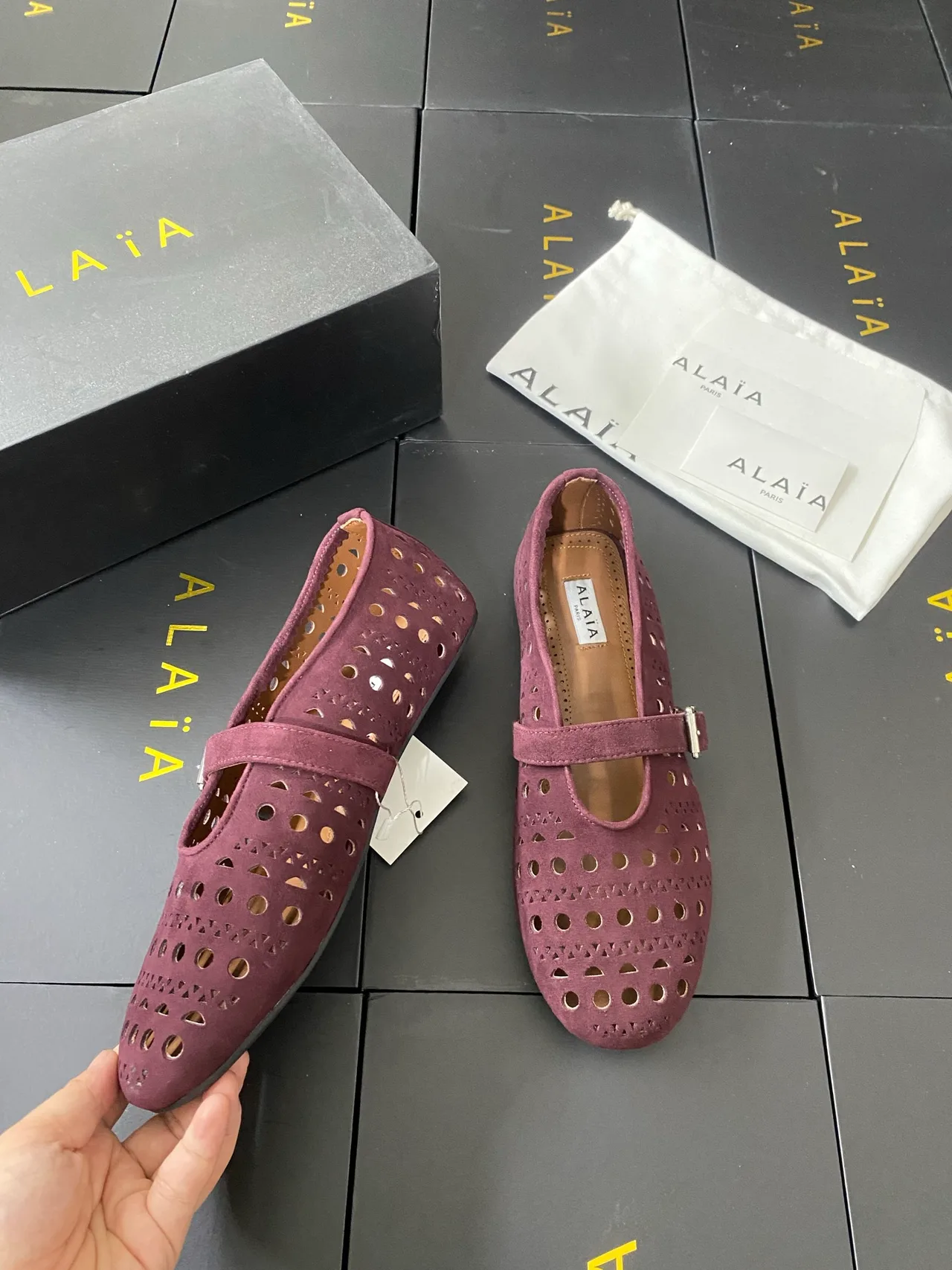 Alaia Cowhide Sheepskin Buckle Mary Jane Flats in Purple · view 5