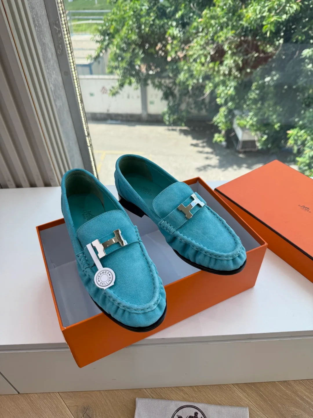 Hermes Calfskin Matte Suede-Look Round-Toe Loafers in Green · view 2