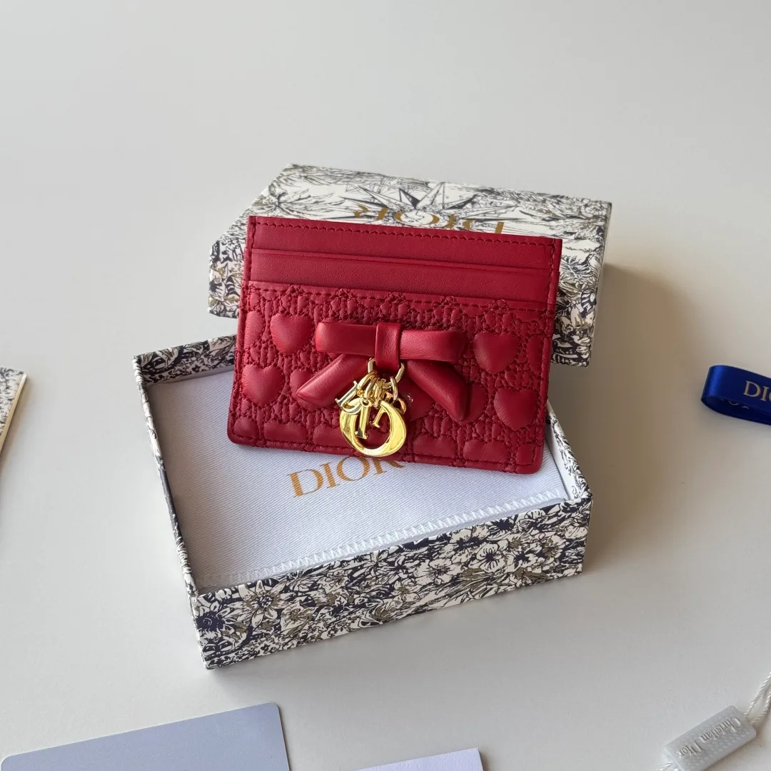 Dior Lambskin Quilted Bow Cardholder in Red · view 2