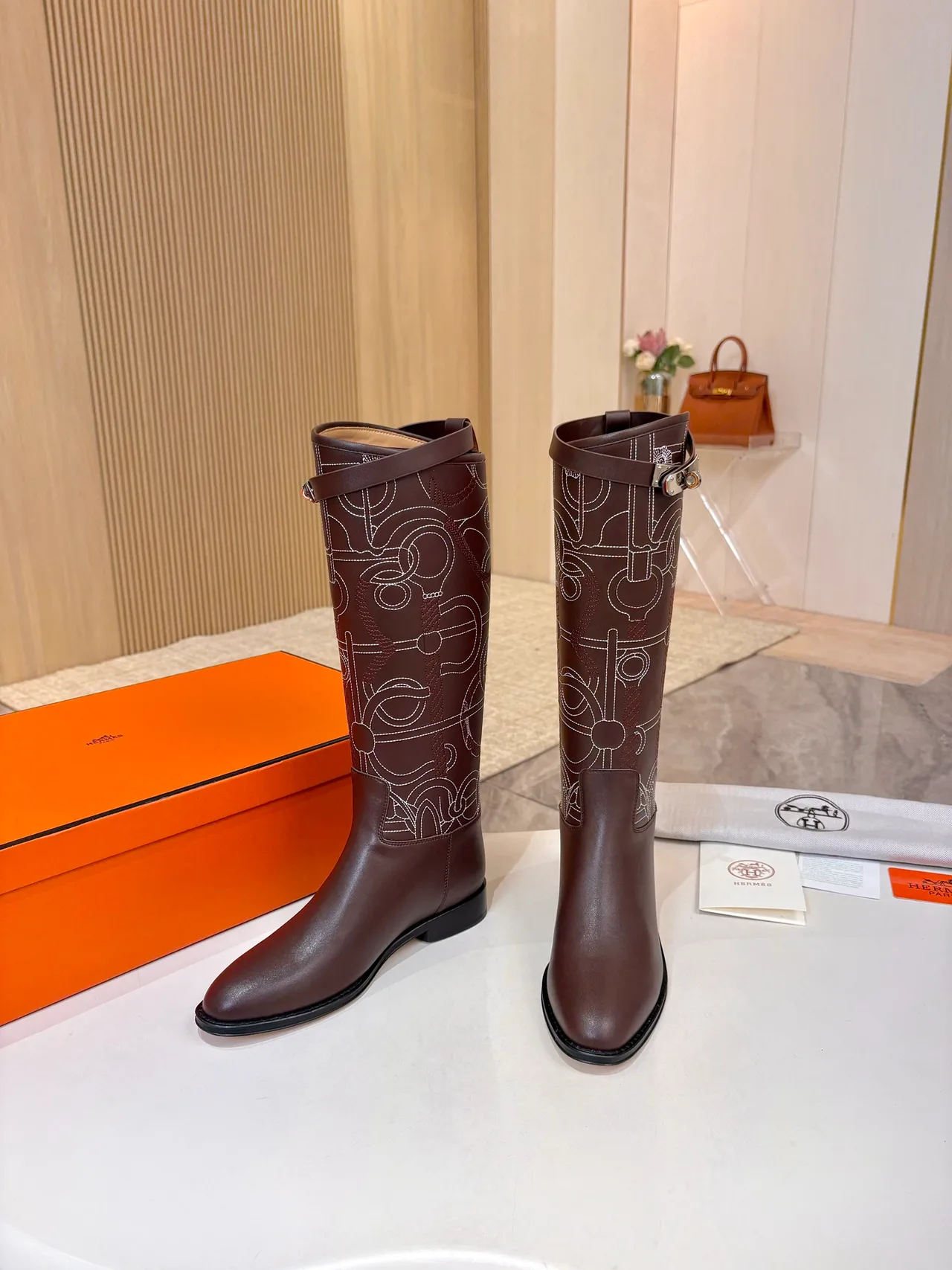Hermes Cowhide Glossy Embroidered Pointed-Toe Boots in Brown · view 4
