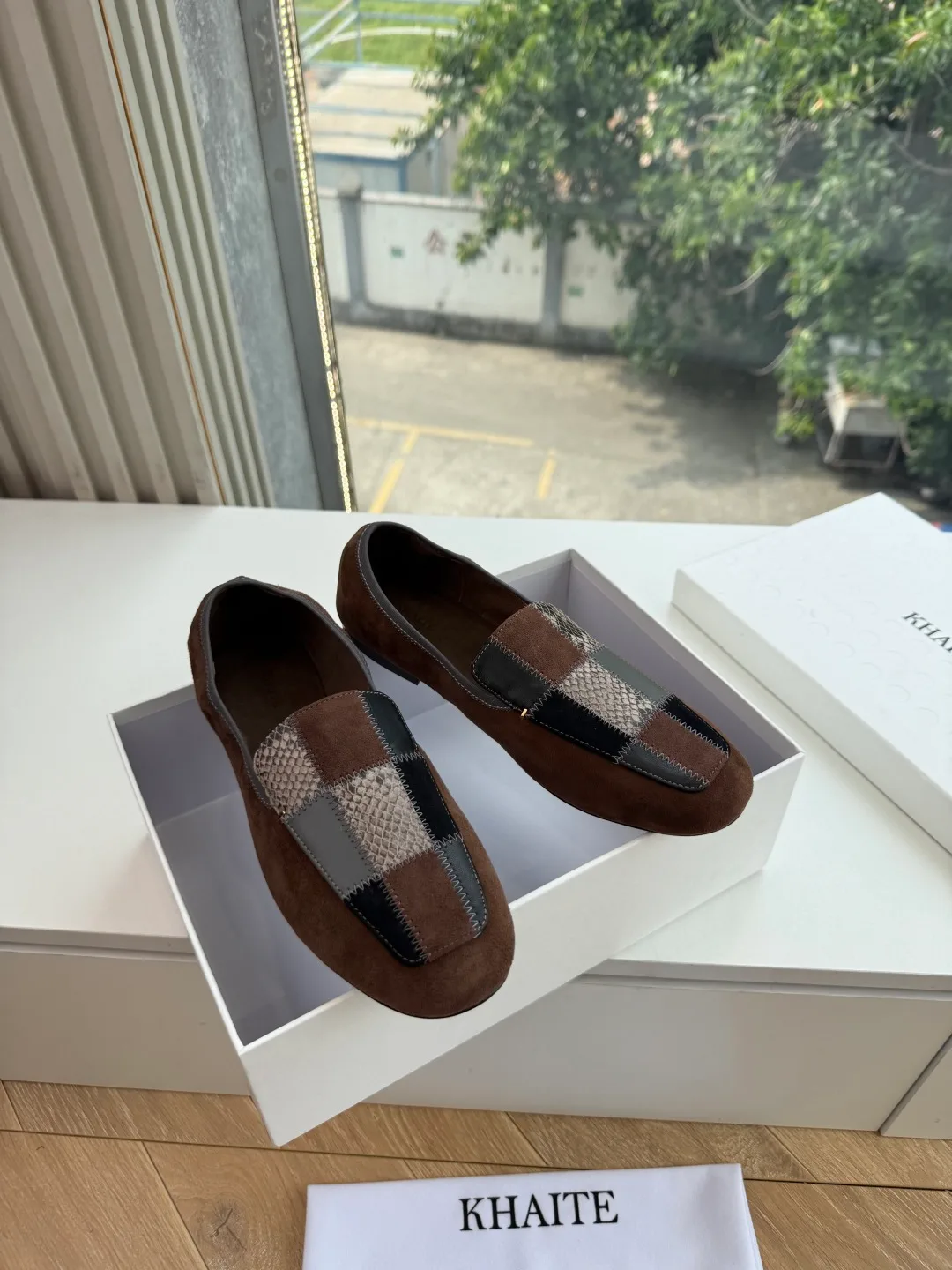 Khaite Sheepskin Check Suede-Look Loafers in Brown · view 2