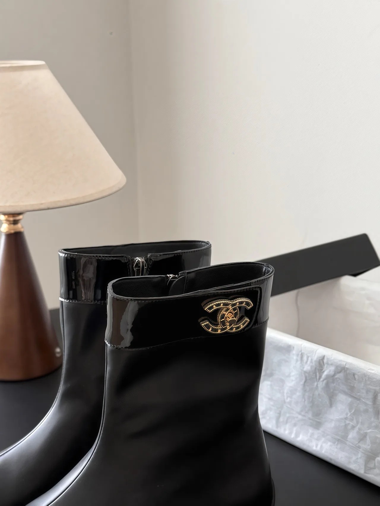 Chanel Cowhide Glossy Round-Toe Boots in Black · view 7