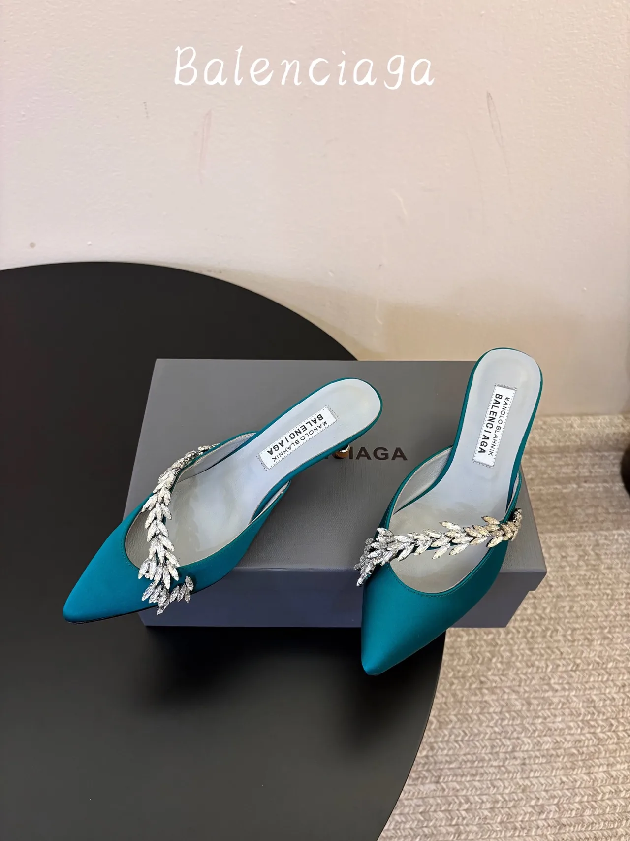 Balenciaga Silk Glossy Pointed-Toe Heeled Mules in Green · view 3