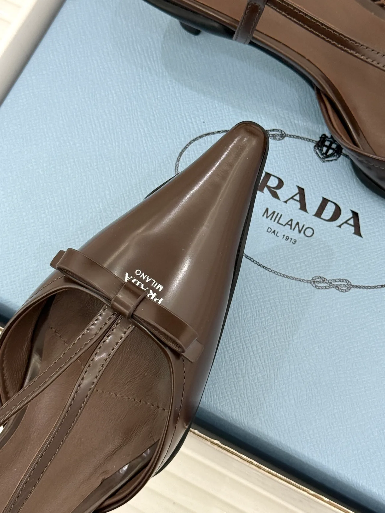 Prada Lambskin Pointed Slingback Pumps in Brown · view 7