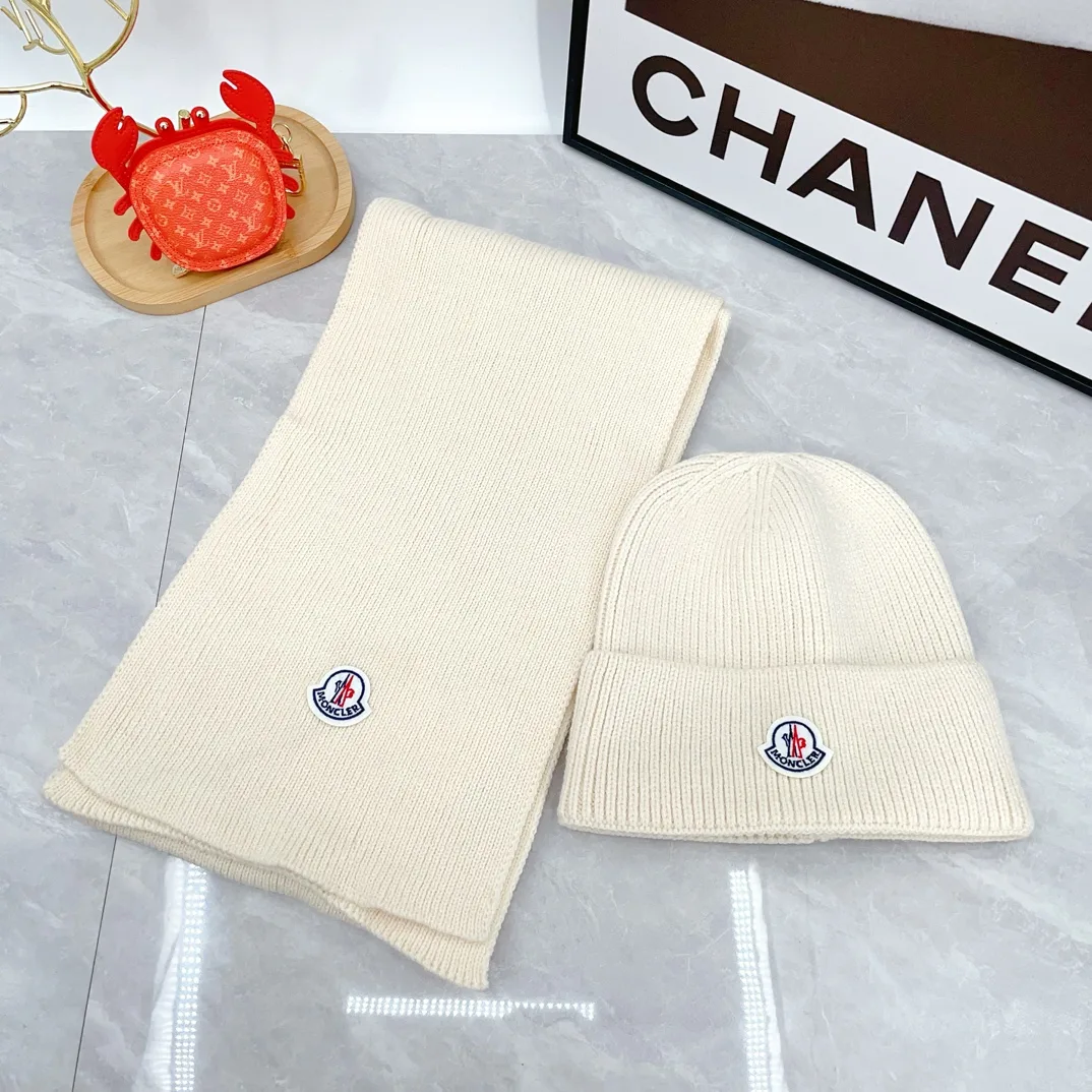 Moncler Wool Ribbed Beanie and Scarf Set in Cream · view 4