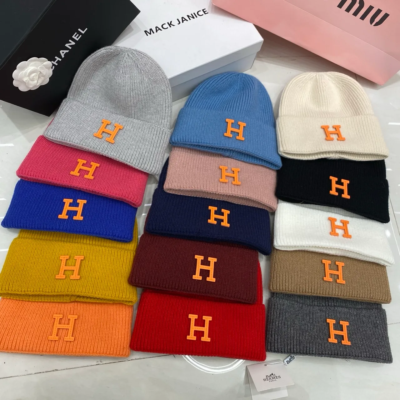 Hermes H Knit Beanie in Grey & Blue & White & Pink & Black & Yellow & Red & Brown & Orange · view 1