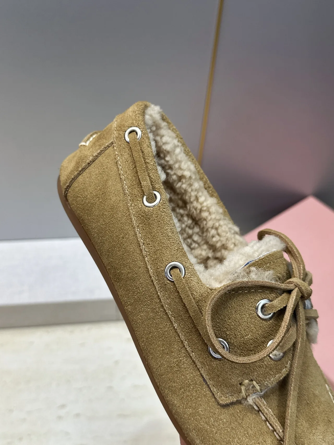 Miu Miu Calfskin Suede-Look Round-Toe Lace-Up Lined Moccasins in Brown · view 8