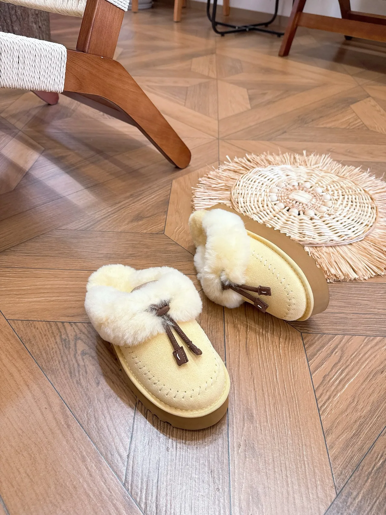 Glossy Tassel Plush-Cuff Platform Mules in Yellow · view 2