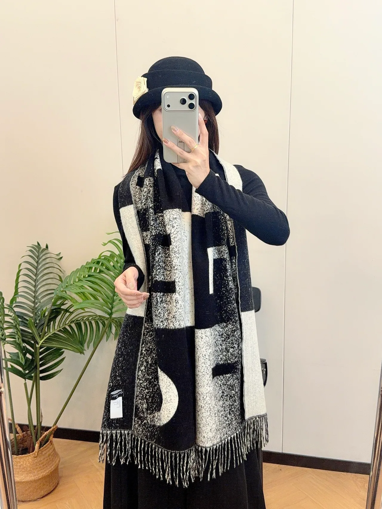 Chanel Cashmere Large Letter Fringed Scarf in Black · view 5