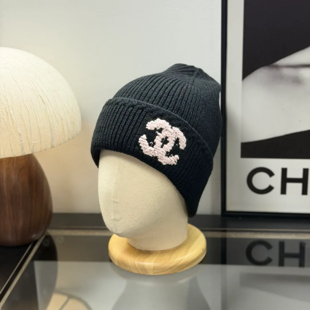 Chanel CC Knit Beanie in Black & Grey & Pink · view 5