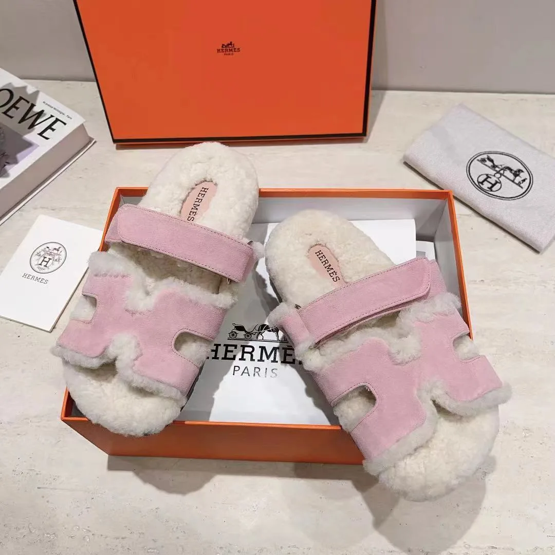 Hermes Sheepskin Chypre Shearling Slides in Pink · view 3