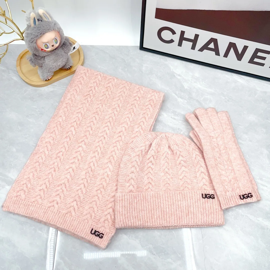 UGG Wool Woven Ribbed Hat Scarf and Gloves Set in Pink · view 1