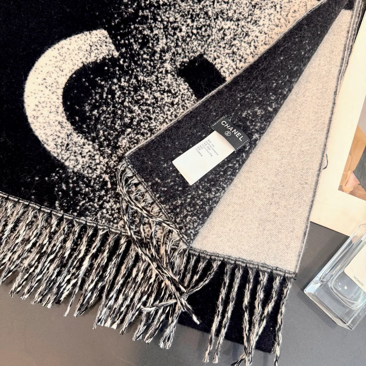 Chanel Cashmere Large Letter Fringed Scarf in Black · view 3