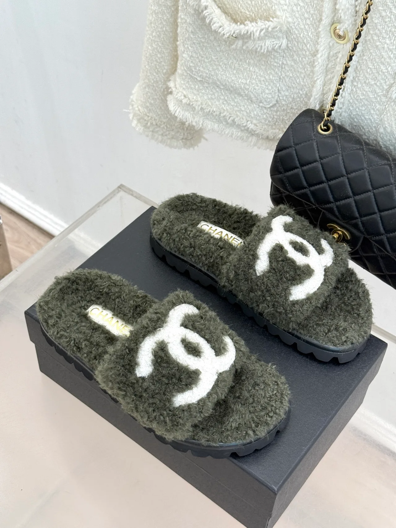 Chanel Denim Slippers in Green · view 3
