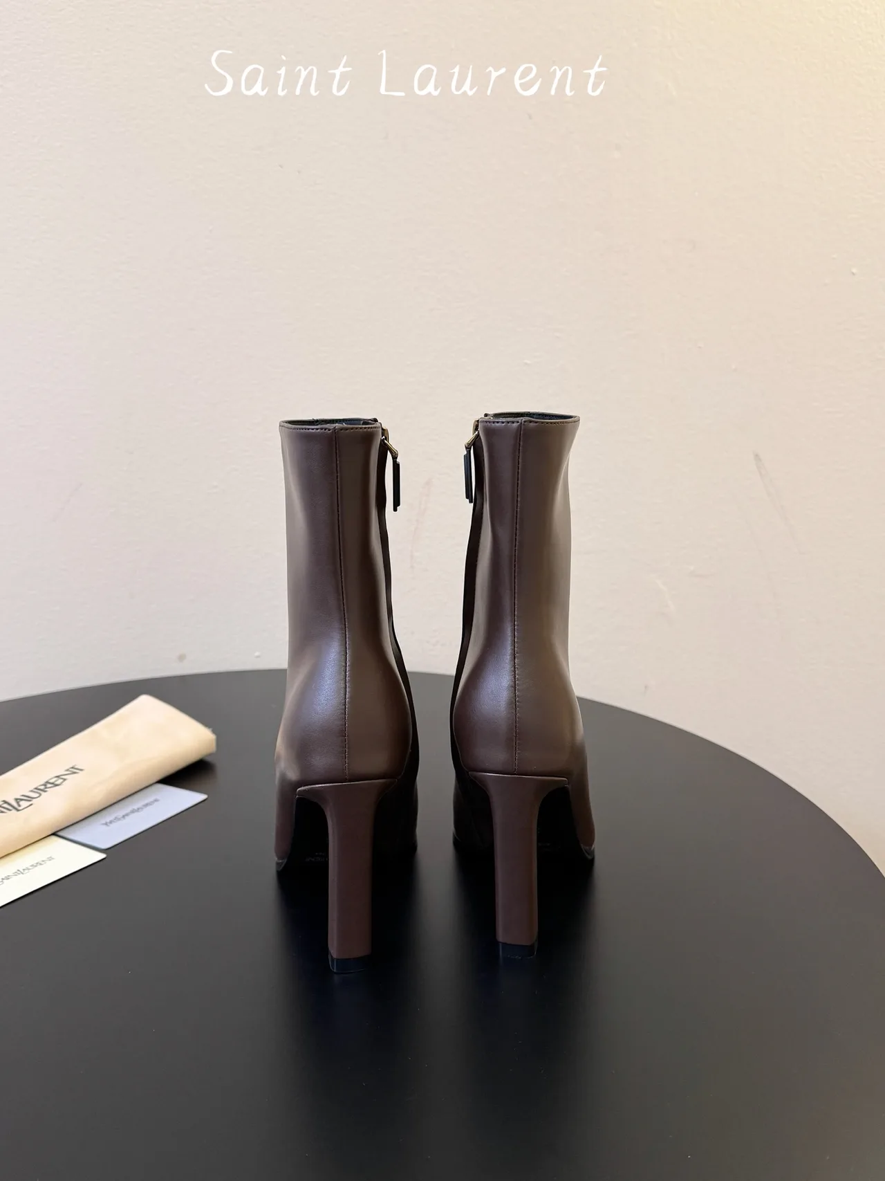 Saint Laurent Glossy Square-Toe Ankle Boots in Brown · view 6