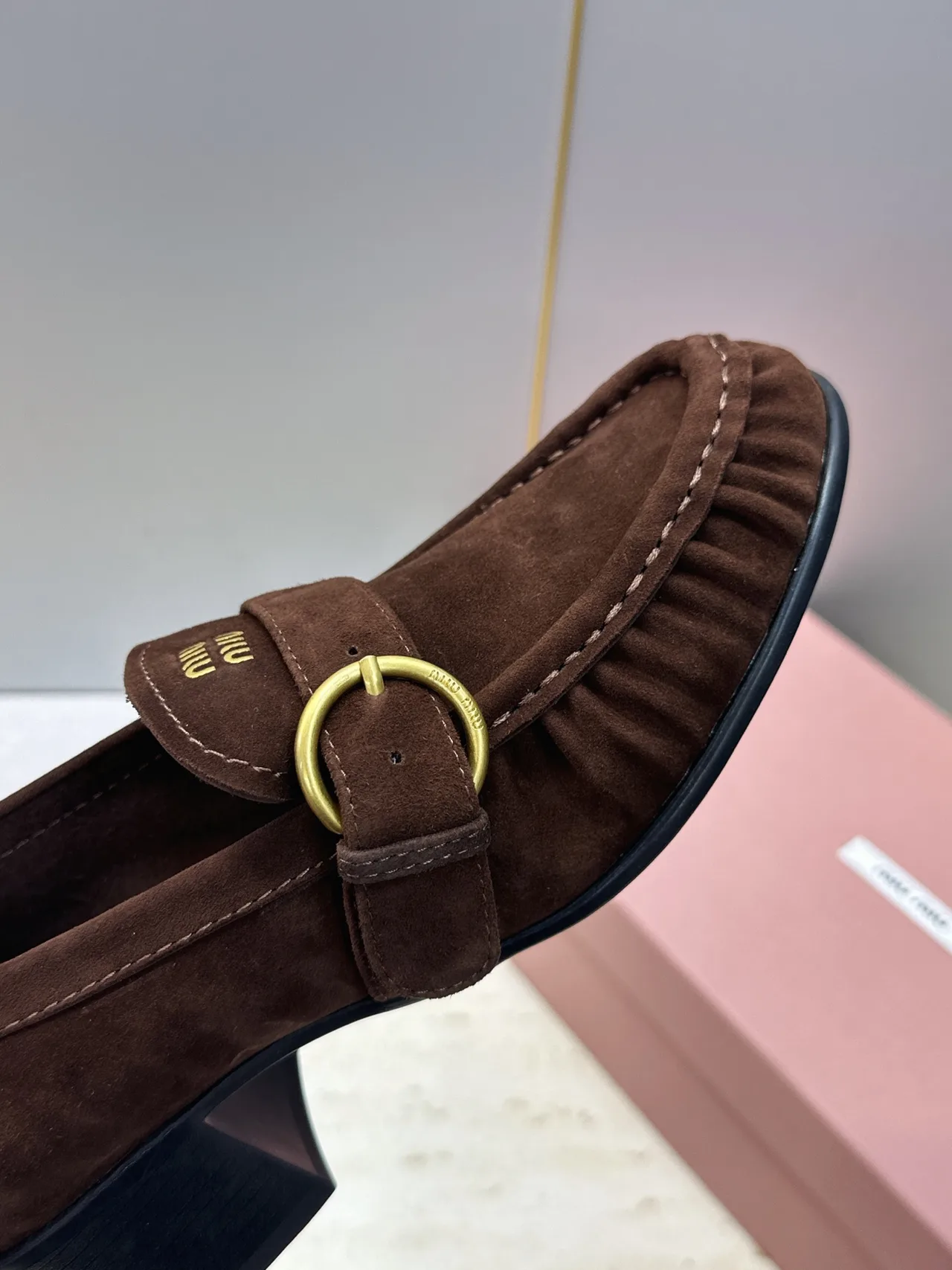 Miu Miu Cowhide Sheepskin Buckle Suede Heeled Loafers in Brown · view 8
