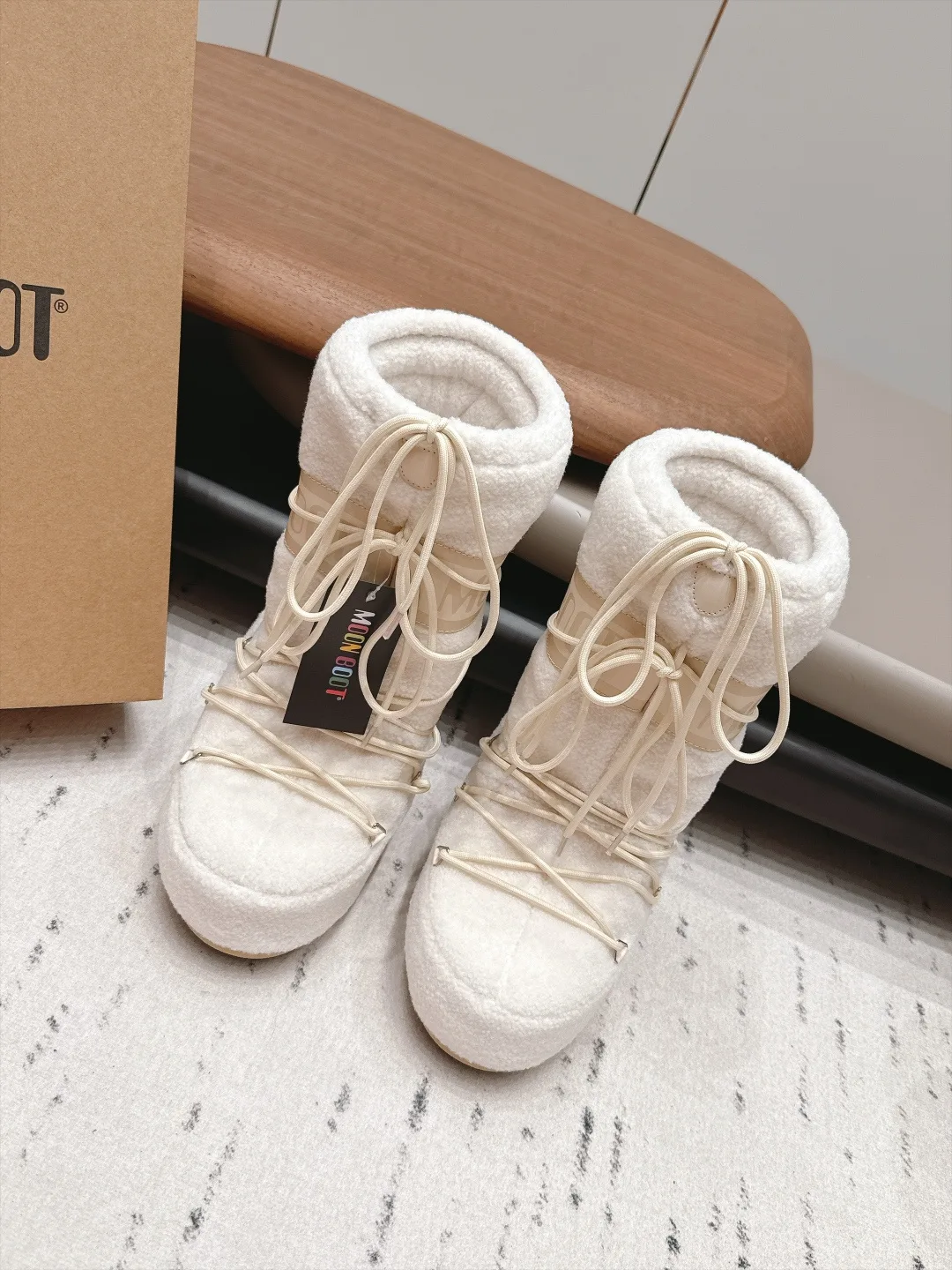 Moon Boot Ribbed Lace-Up Snow Boots in White · view 1