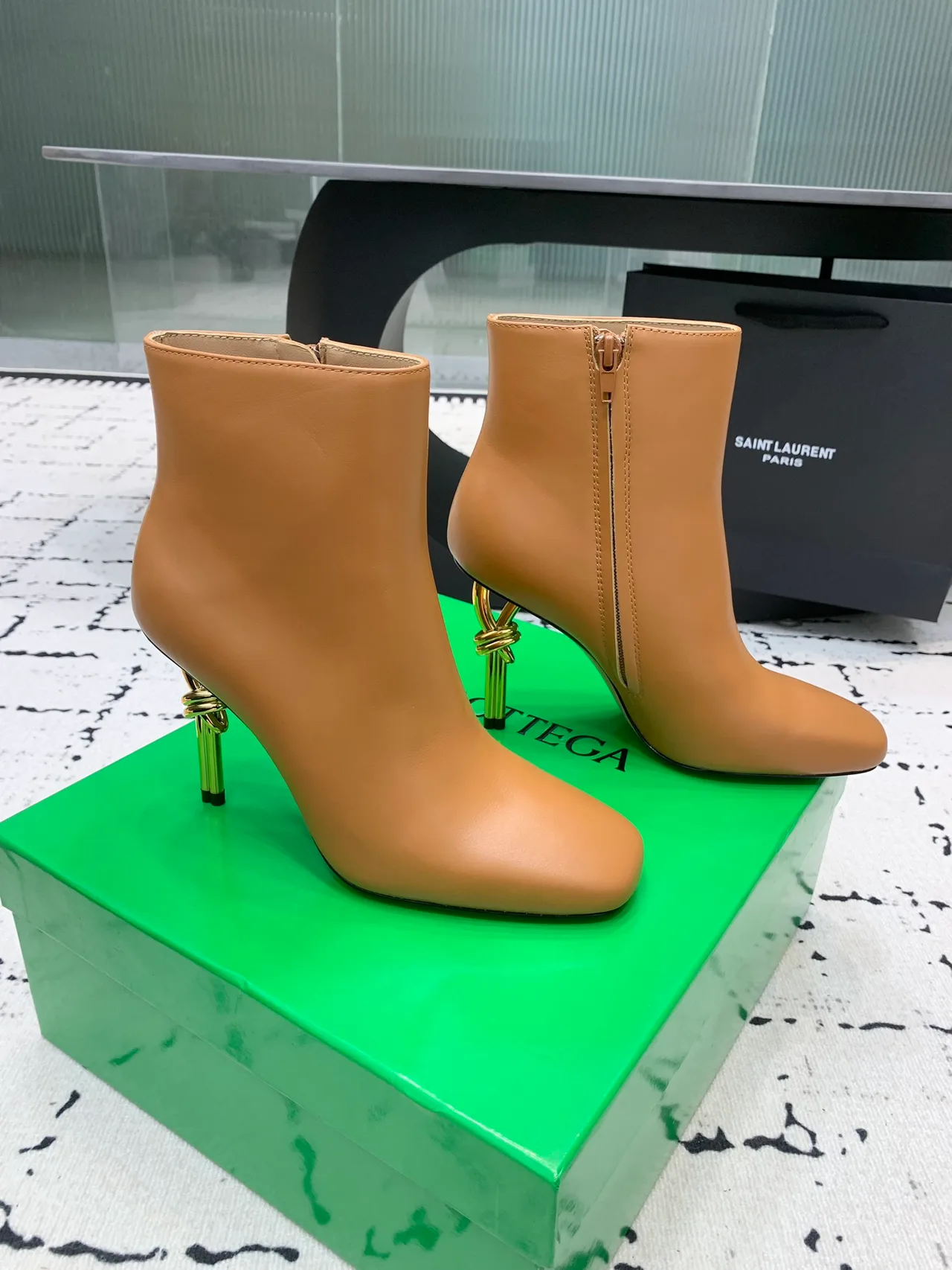 Calfskin Smooth Sculptural-Heel Ankle Boots in Brown · view 2