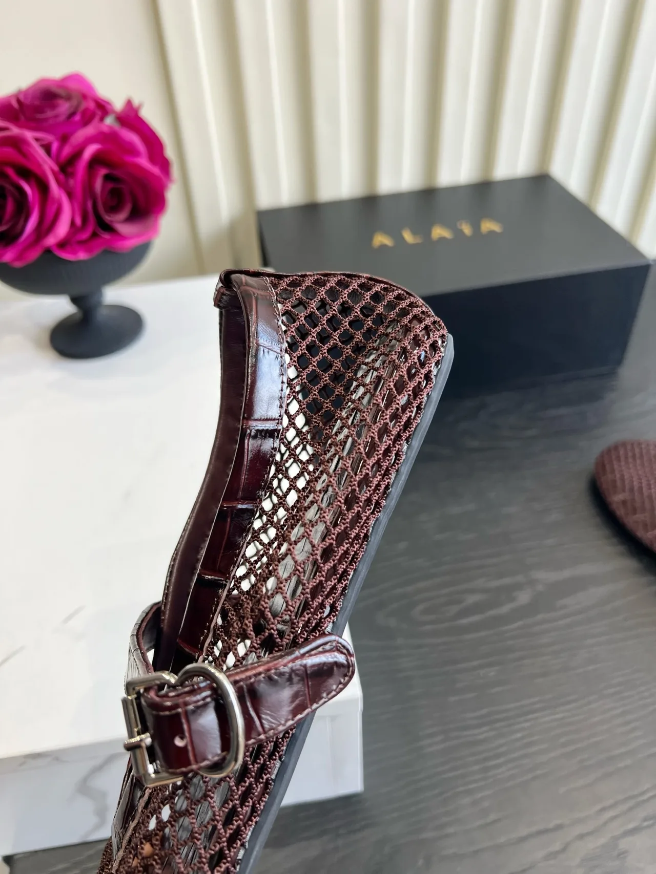 Alaia Sheepskin Mesh Mary Jane Flats in Burgundy · view 8