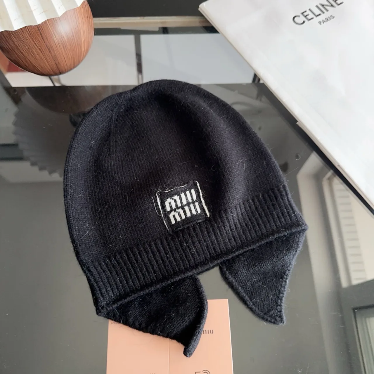 Miu Miu Ribbed Beanie in Black · view 3