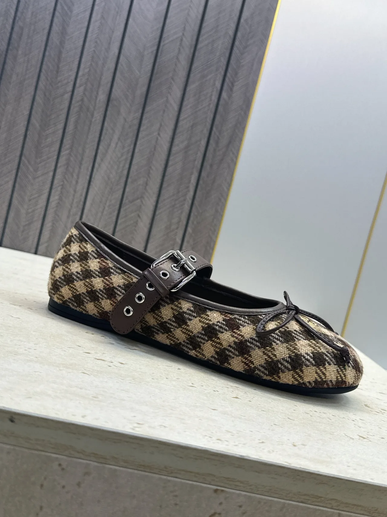 Miu Miu Calfskin Check Round-Toe Mary Jane Flats in Brown · view 8