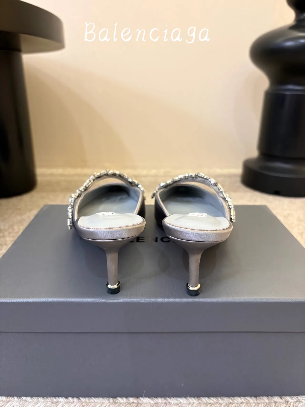 Balenciaga Silk Pointed-Toe Chain-Detail Mules in Grey · view 6
