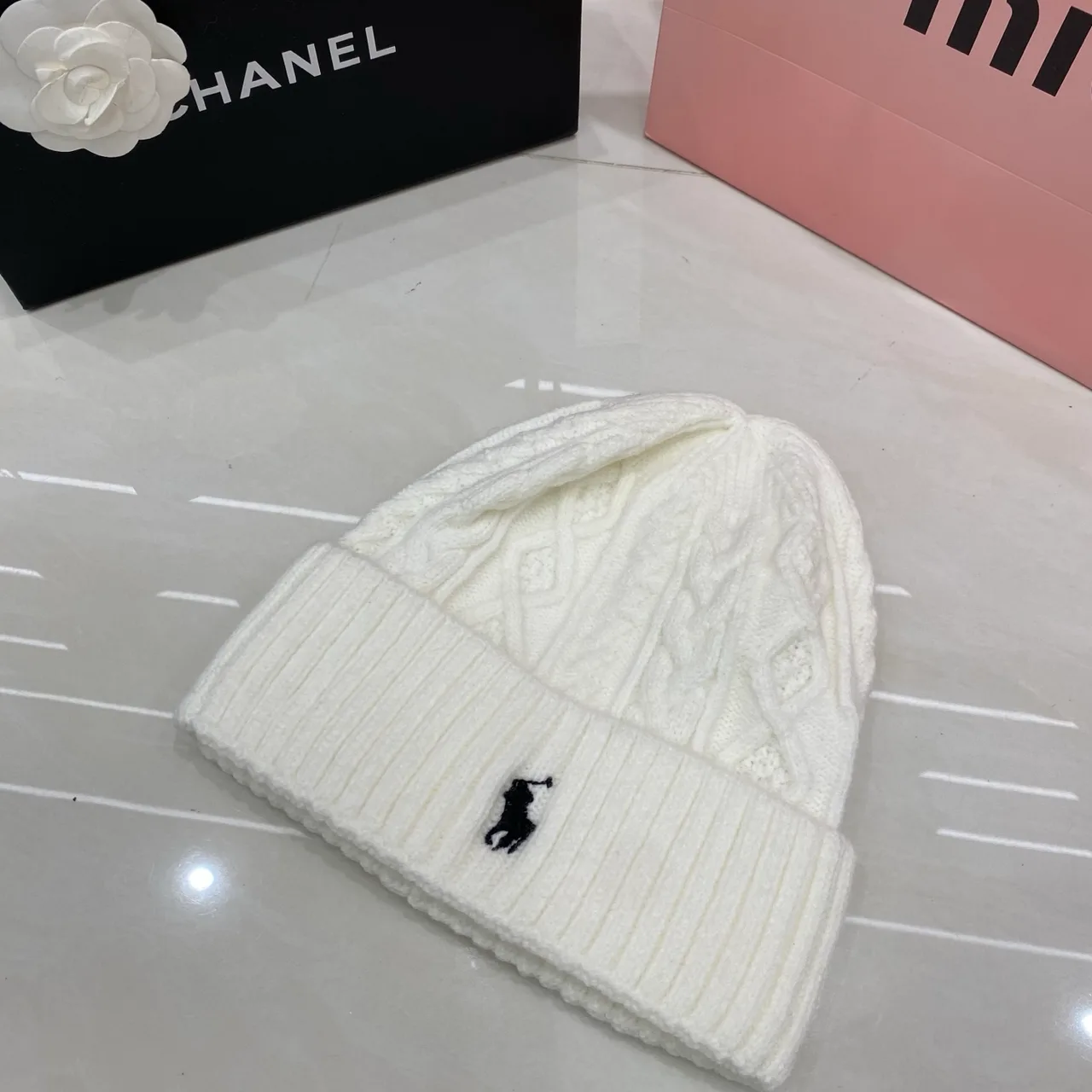 Ralph Lauren Cable-Knit Beanie in Black & White & Tan & Cream & Grey · view 2