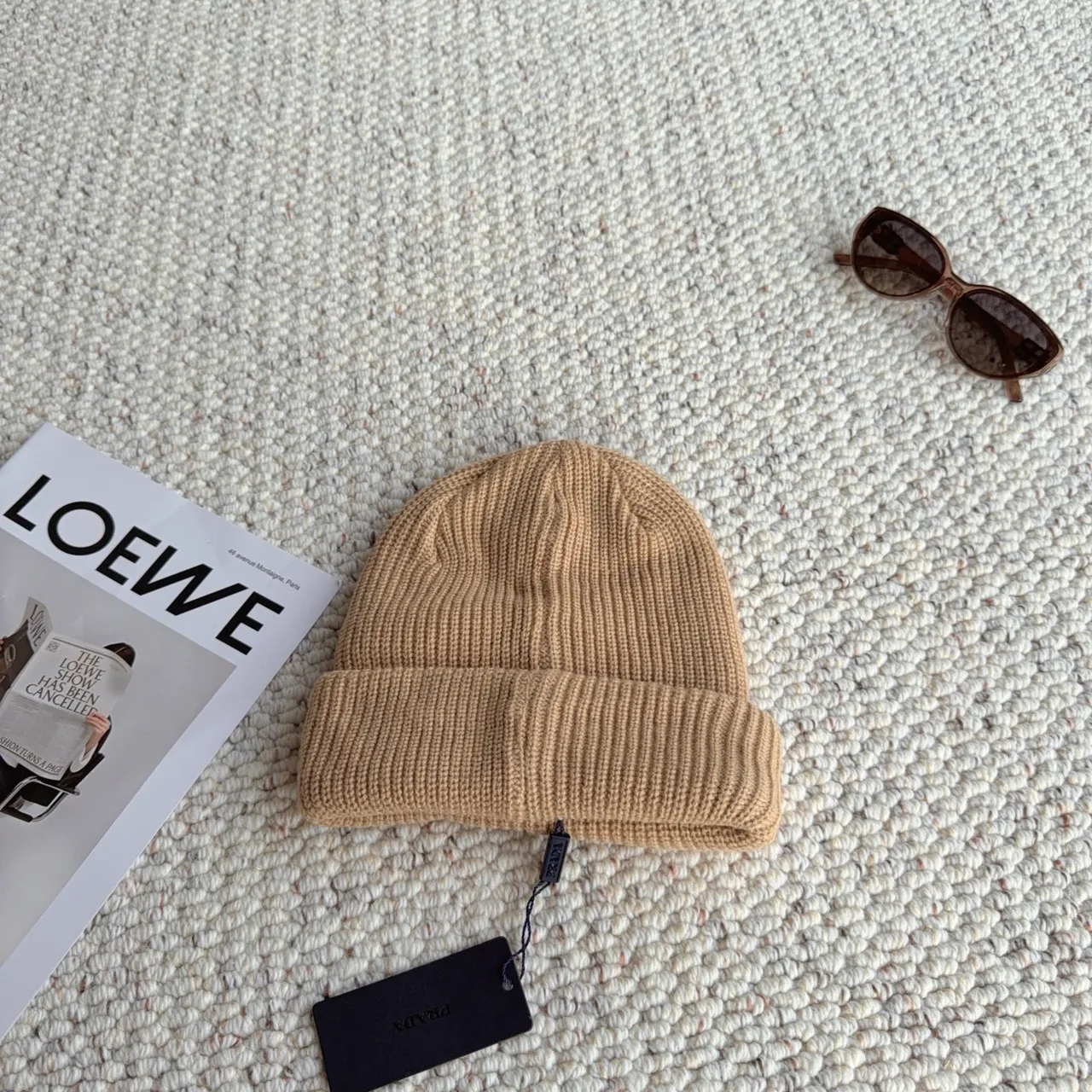 Prada Ribbed Beanie in Beige · view 3