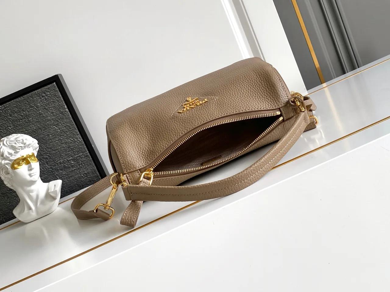 Prada Calfskin Zip Shoulder Bag in Grey · view 8