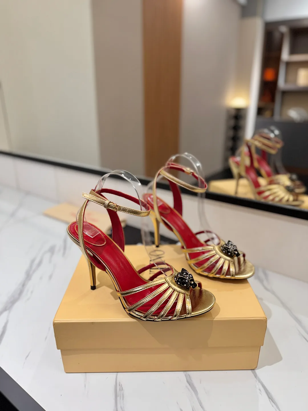 Valentino Ribbed Jewel-Bow Strap Sandals in Gold · view 1