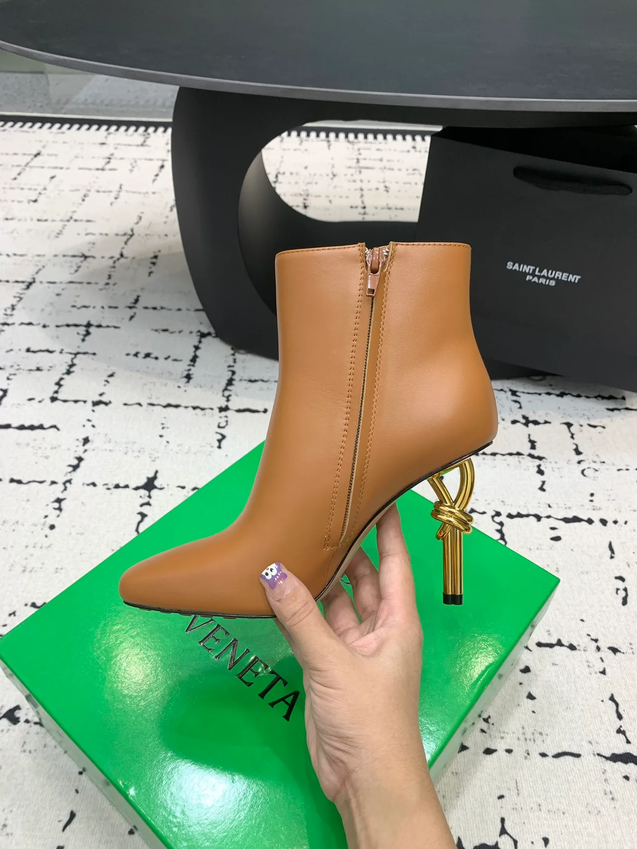 Calfskin Smooth Sculptural-Heel Ankle Boots in Brown · view 6