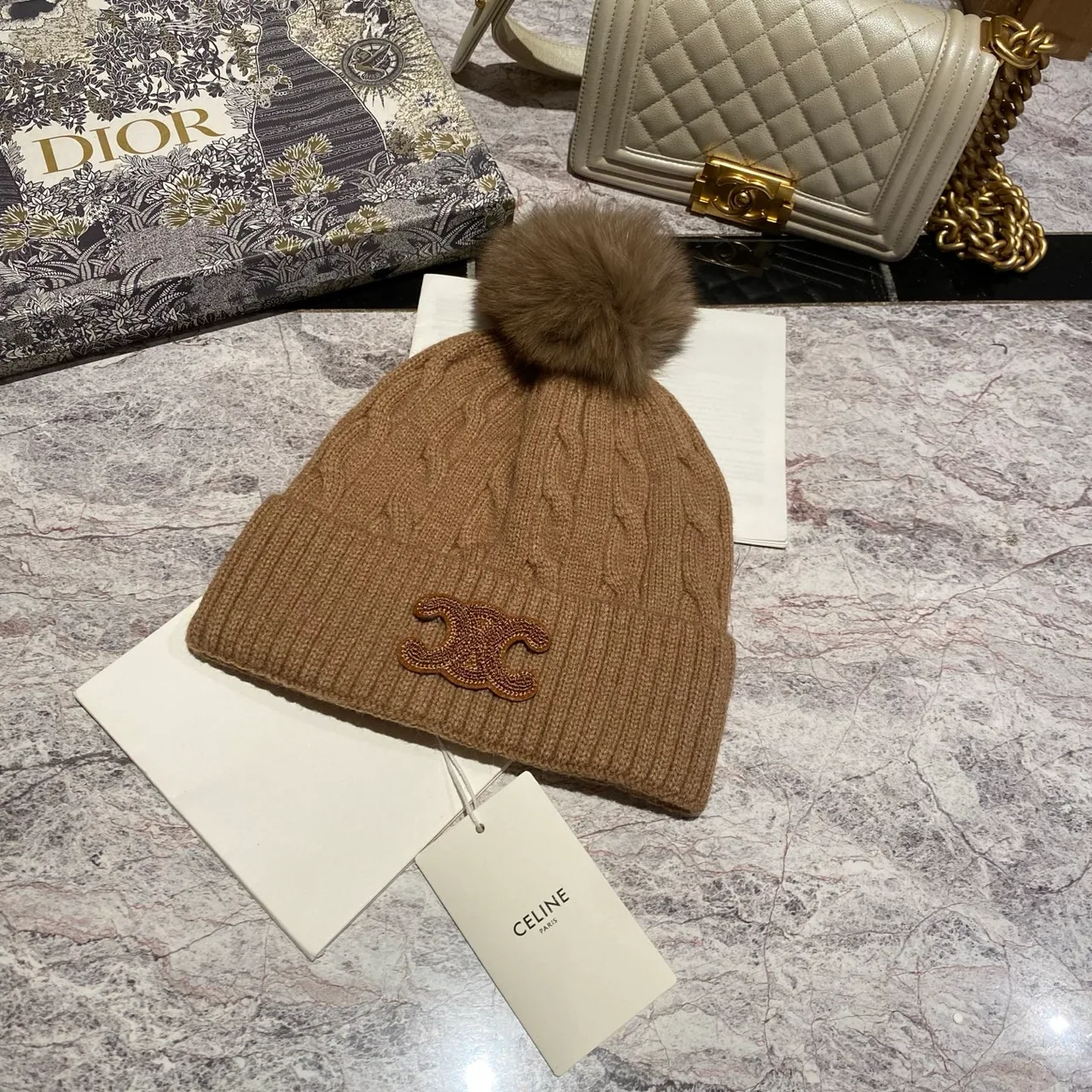 Celine Triomphe Pom Beanie in Black & White & Grey & Brown & Blue & Red & Pink · view 4