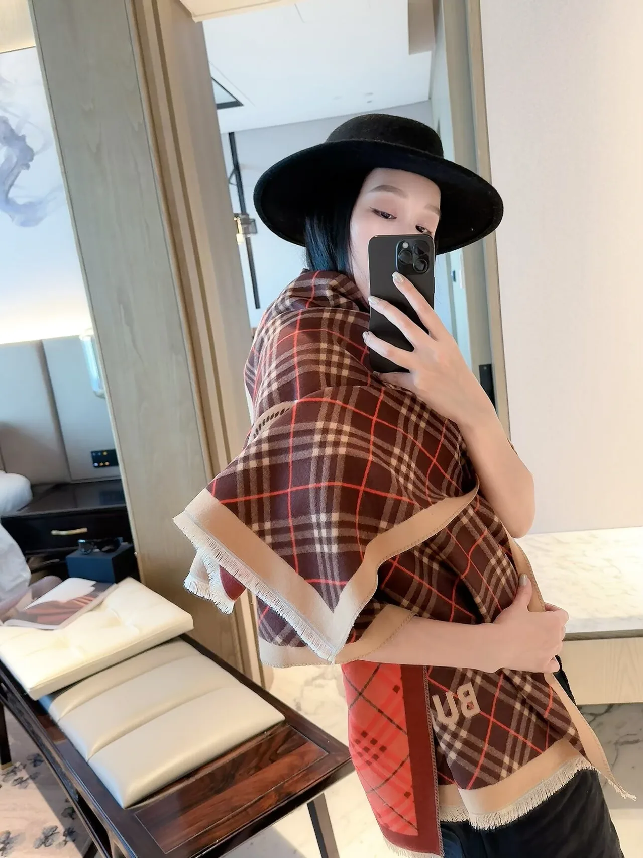 Burberry Check Equestrian Shawl in Brown & Beige · view 3