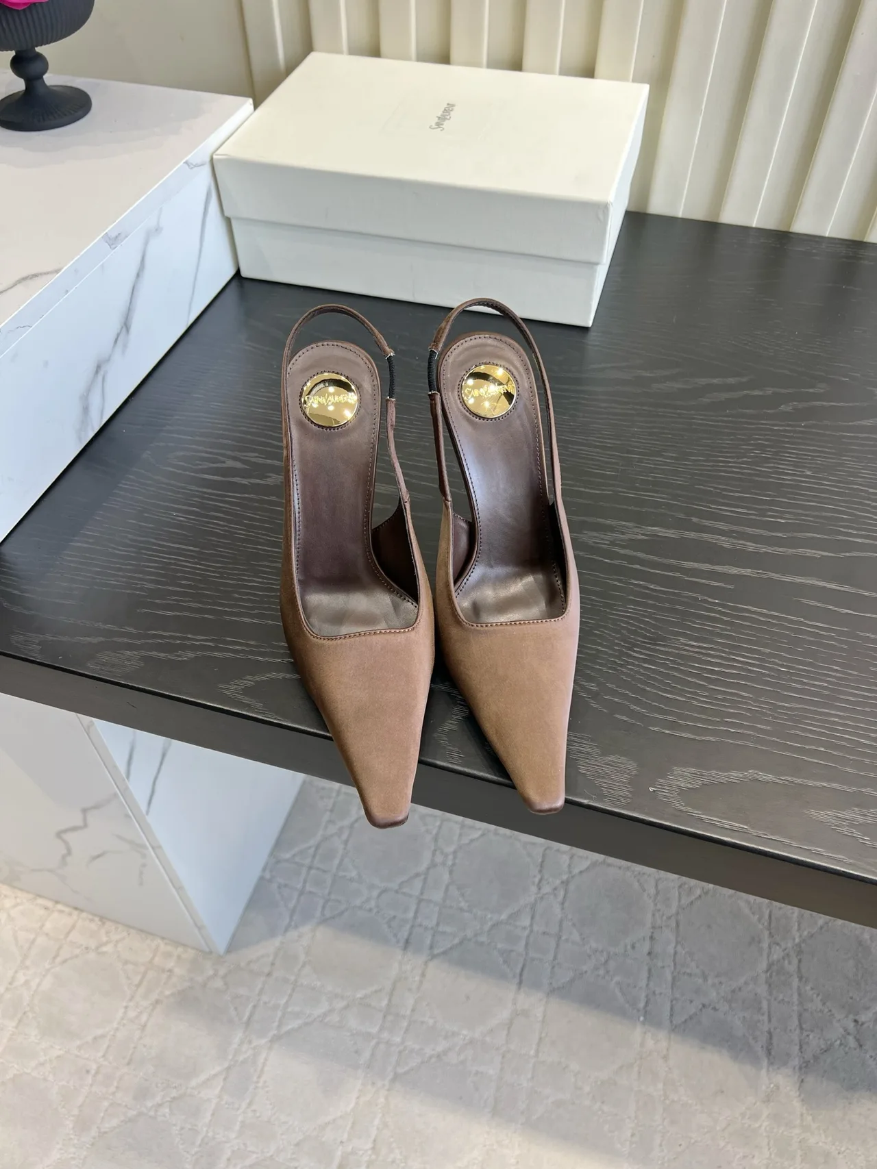 Saint Laurent Cowhide Silk Pointed-Toe Pointed Slingback Pumps in Brown · view 1