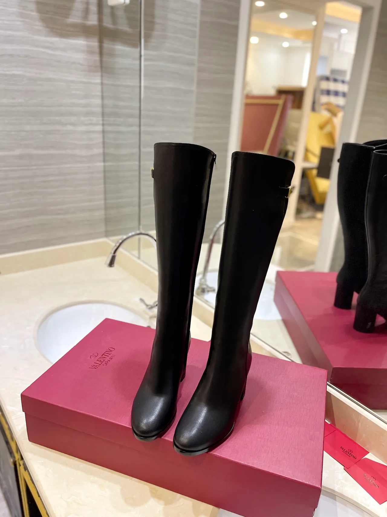 Valentino Leather Glossy Pointed-Toe Buckle Knee-High Boots in Black · view 3
