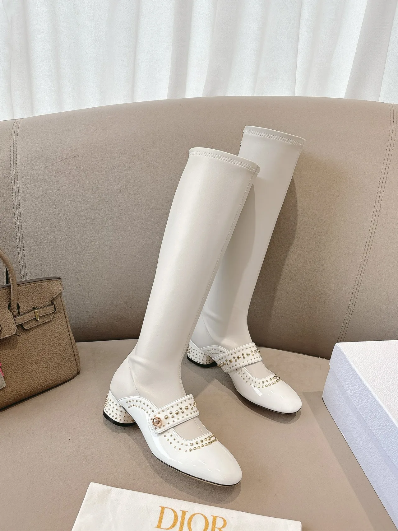 Dior Sheepskin Patent Leather Glossy Pointed-Toe Buckle Knee-High Boots in White · view 4