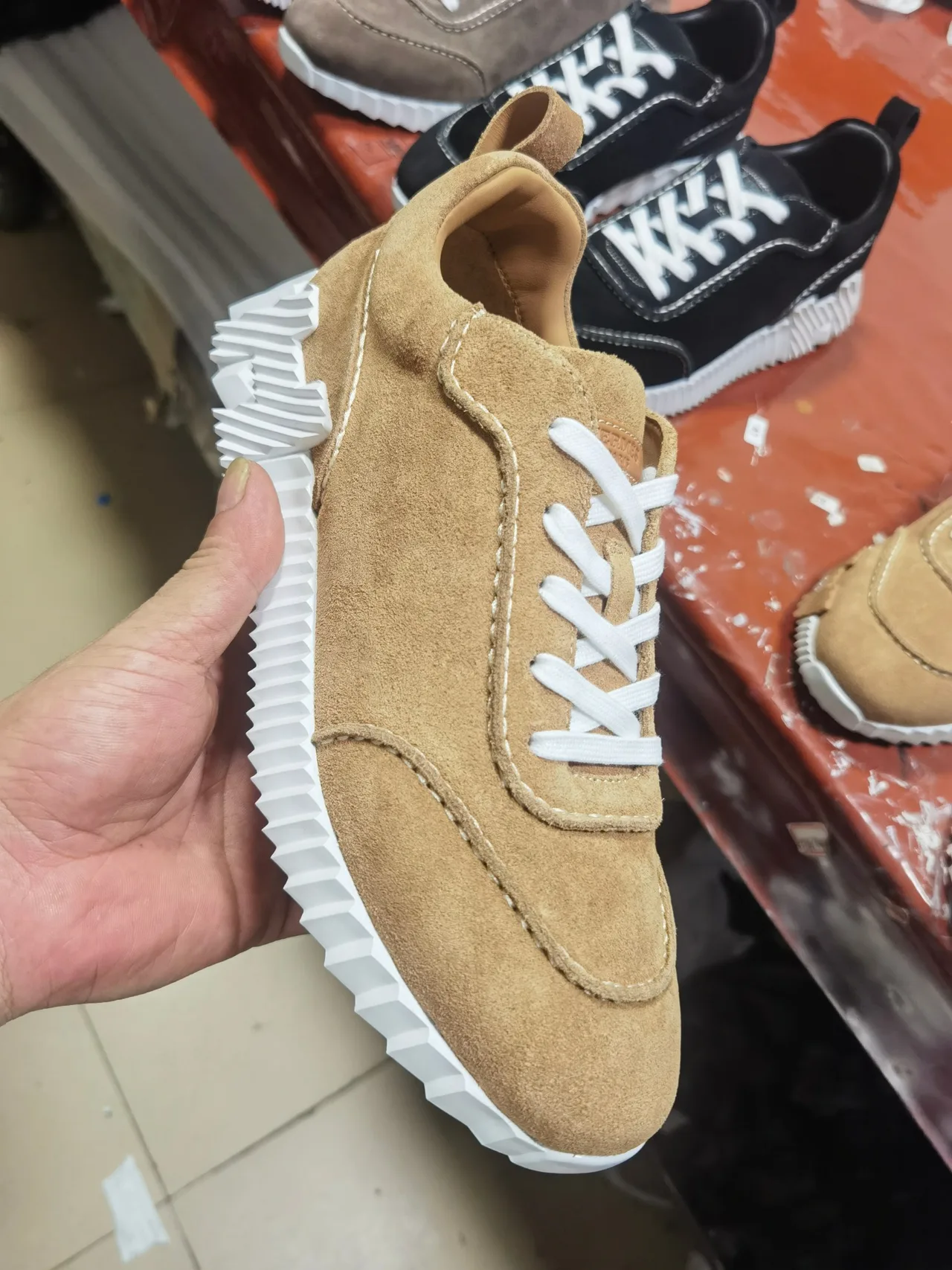 Hermes Panelled Sneakers in Tan · view 2