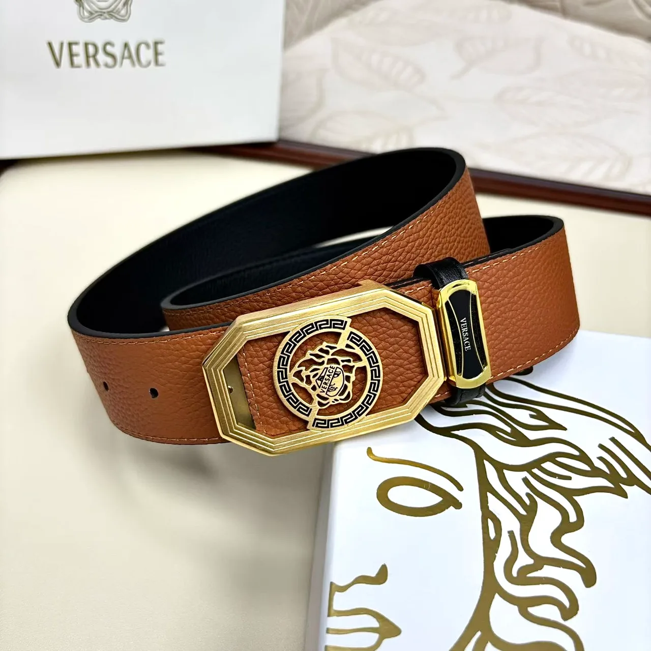 Versace Medallion buckle belt in Brown · view 5