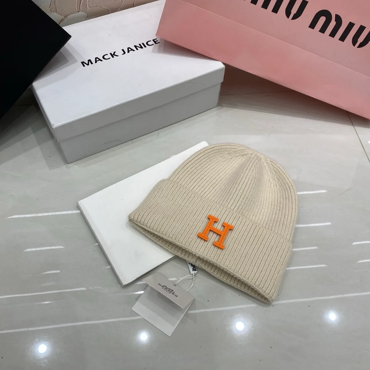 Hermes H Knit Beanie in Grey & Blue & White & Pink & Black & Yellow & Red & Brown & Orange · view 2