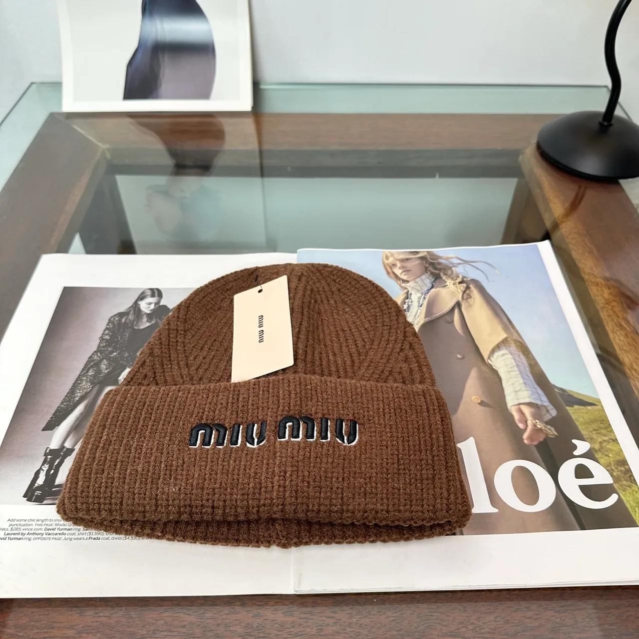 Miu Miu Logo knit beanie in Brown & Grey & Black & White & Beige · view 1