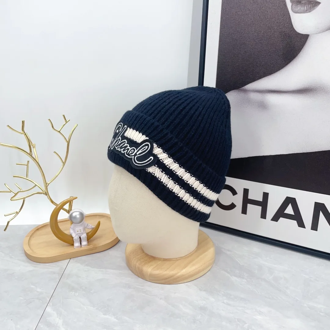 Chanel Ribbed Striped Beanie in Blue · view 4